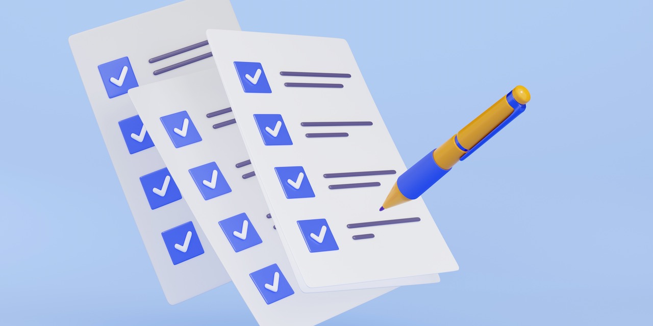 3D illustration of pen putting blue ticks on paper