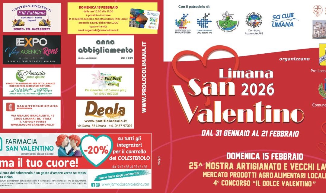 San Valentino 2026 a Limana: eventi, mostre e iniziative dal 13 al 21 febbraio tra Municipio e Piazza Lorenzi