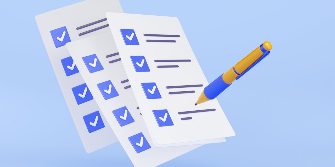3D illustration of pen putting blue ticks on paper